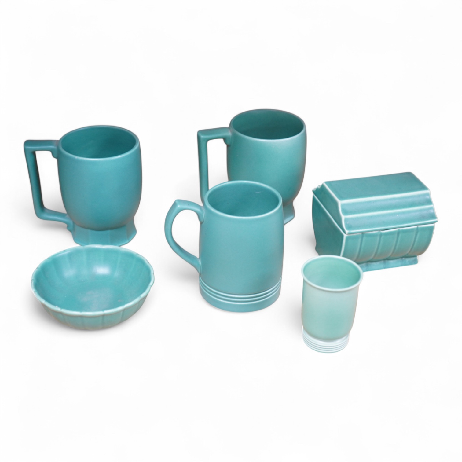 Keith Murray for Wedgwood, three green mugs, cigarette box, fluted dish and small vase, largest 12cm high (6)